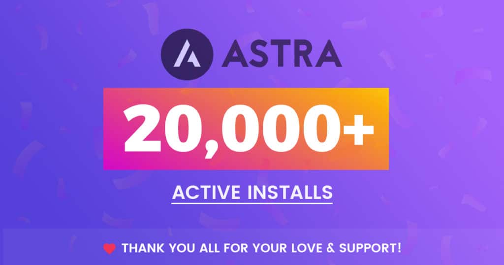 Astra is Used on 20000+ Websites! Astra 20000+ active installs
