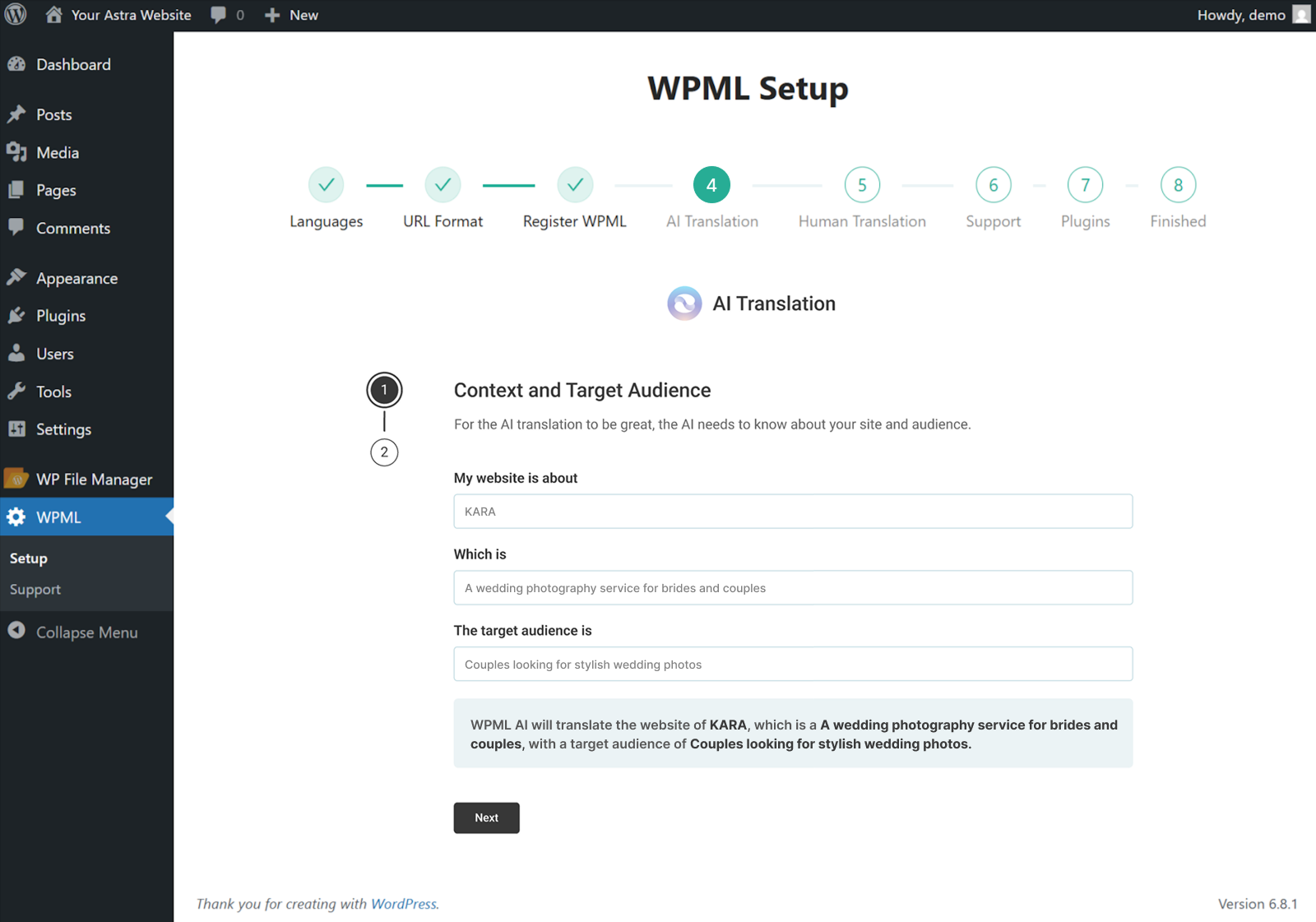 How To Make Astra Multilingual With WPML provide context about your website