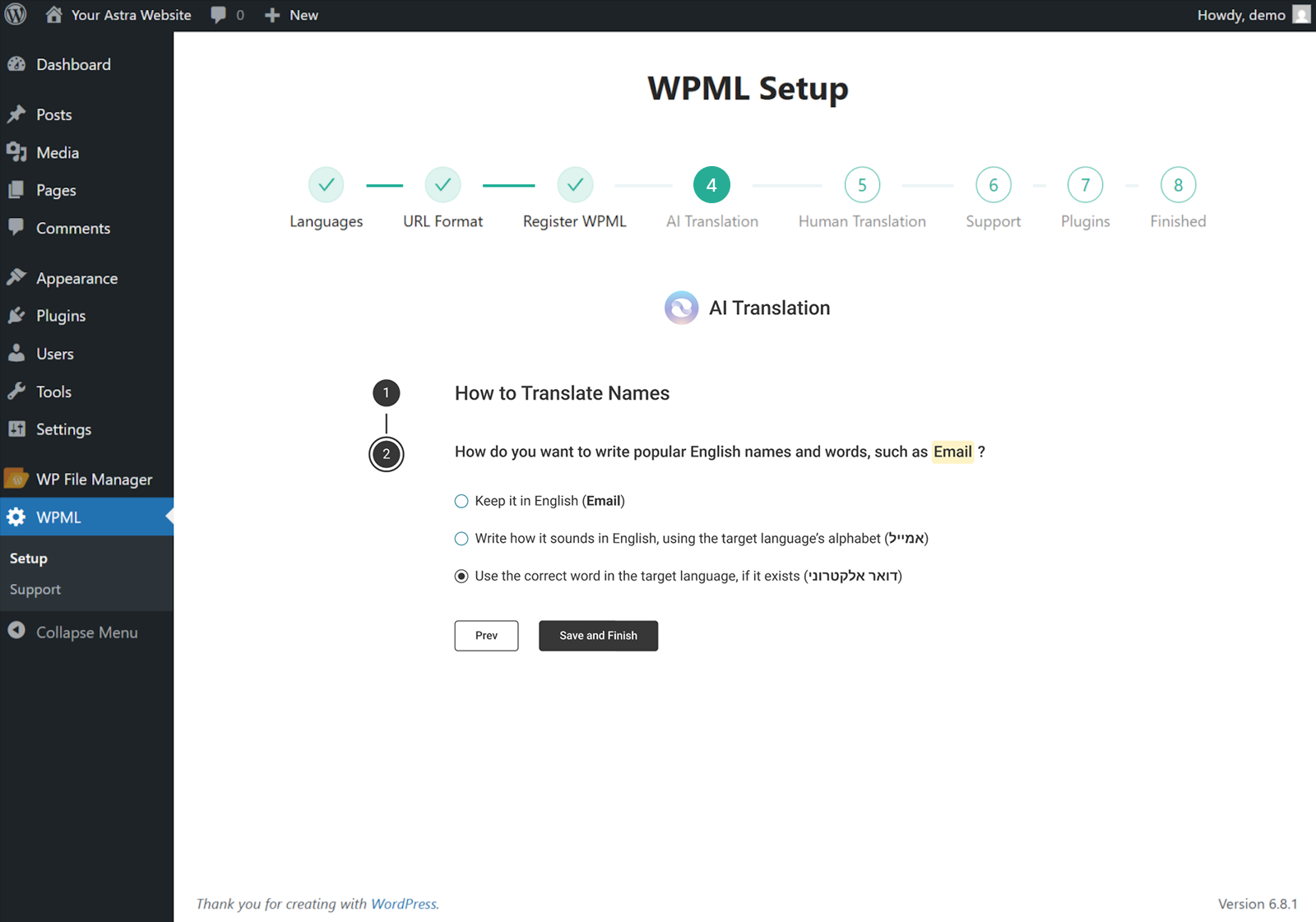 How To Make Astra Multilingual With WPML decide how WPML should translate popular English names