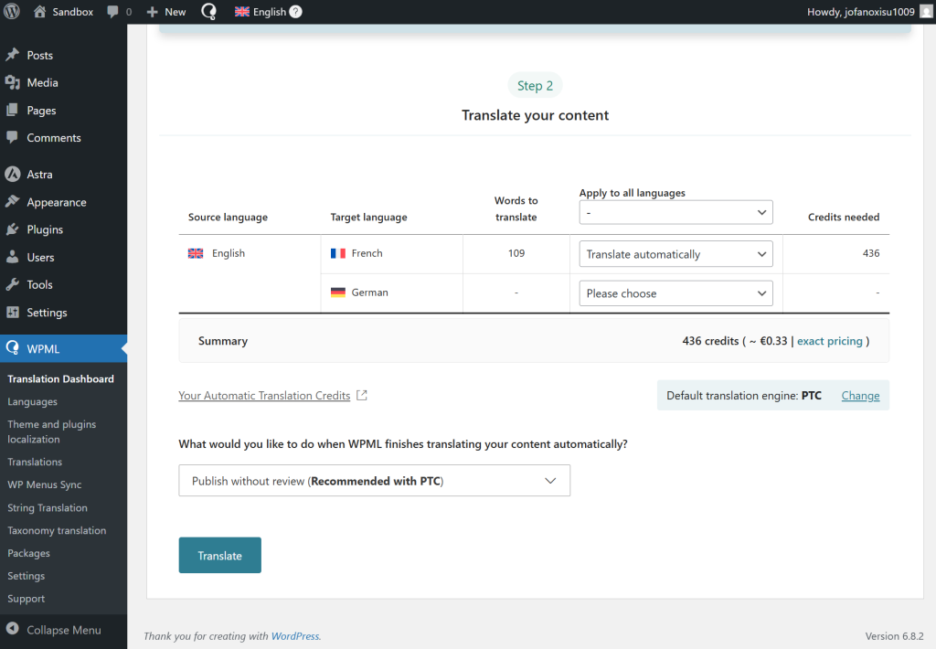 How To Make Astra Multilingual With WPML click the Translate button to start translating