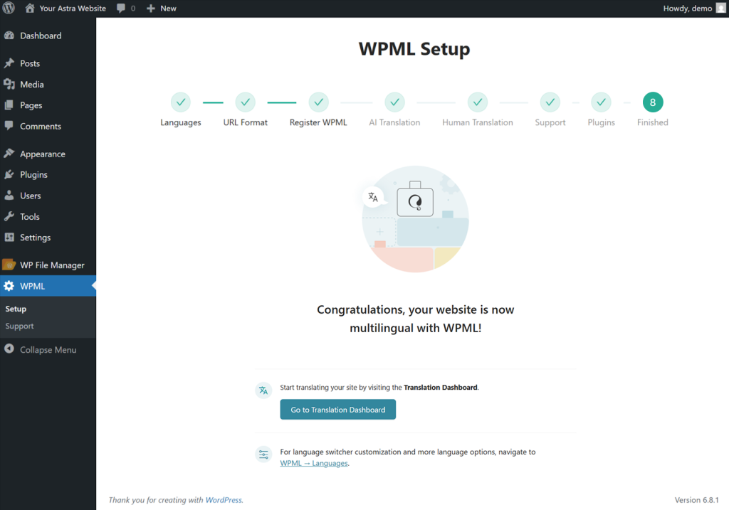 How To Make Astra Multilingual With WPML The WPML plugin is now set
