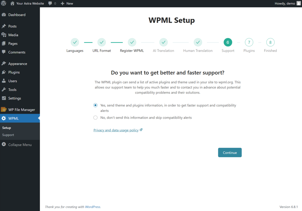How To Make Astra Multilingual With WPML opt-in to share your theme and plugin information