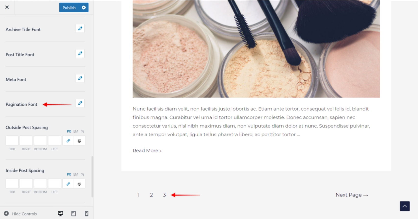 Typography Module Astra pro pagination font settings
