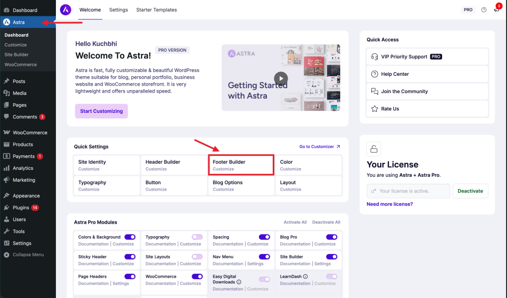Footer Overview Astra > Customize > Footer Builder