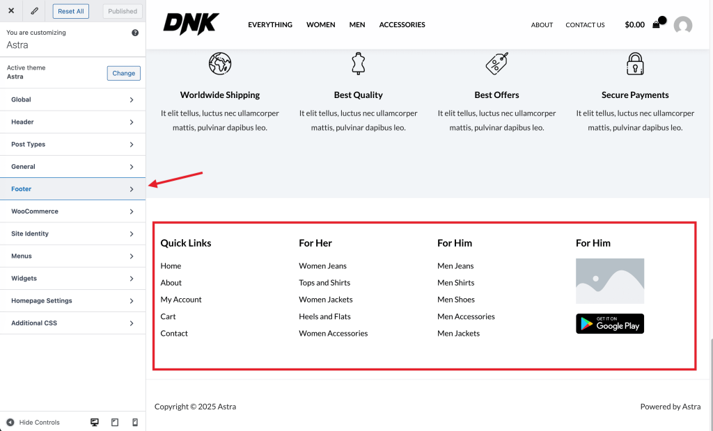 Footer Overview Astra Footer