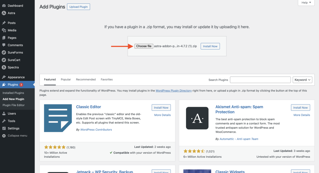 Getting Started with Astra Pro Addon Plugin upload and install the Astra Pro plugin zip file