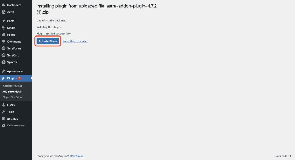 Getting Started with Astra Pro Addon Plugin activate plugin