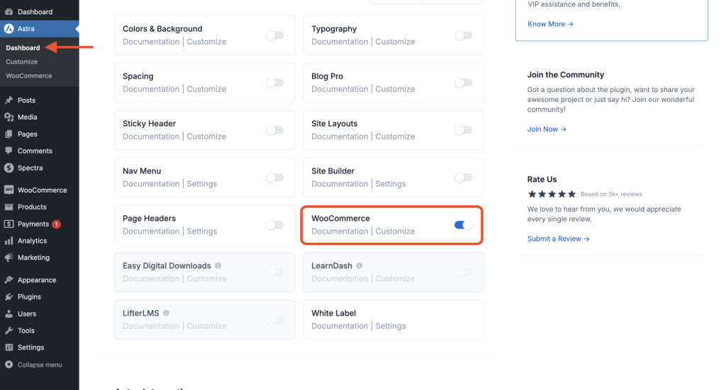 Colors & Background Options For WooCommerce Enable the WooCommerce module from Astra > Dashboard