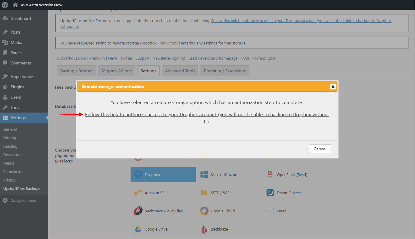 Backup Your Website in Less than 10 Minutes! Authorize the Remote Storage to use it with Updraft Plus