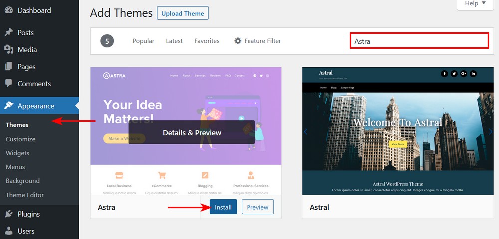 How To Build a Dynamic Website From Scratch With WordPress Install Astra Theme from WordPress dashboard
