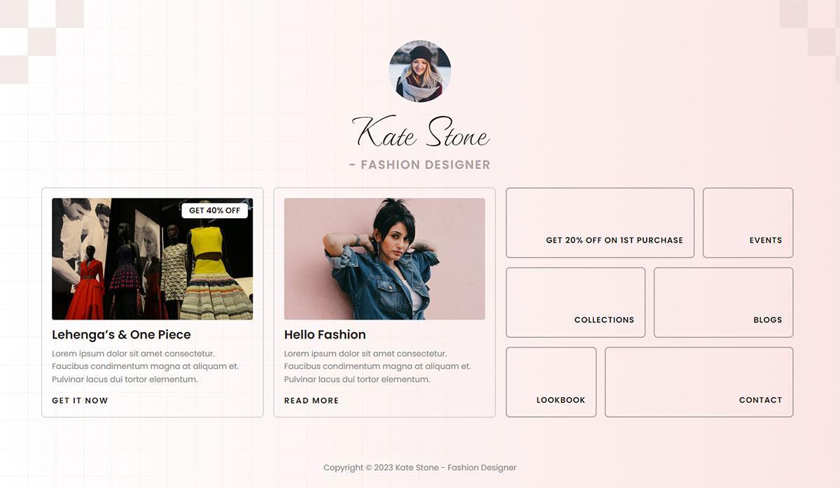 280+ Elementor Templates for Every Niche (Free + Premium) Link in bio template for the fashion designer