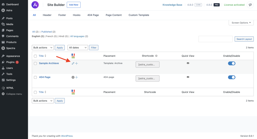 How To Translate Site Builder With WPML? pencil icon appears after the translation is complete