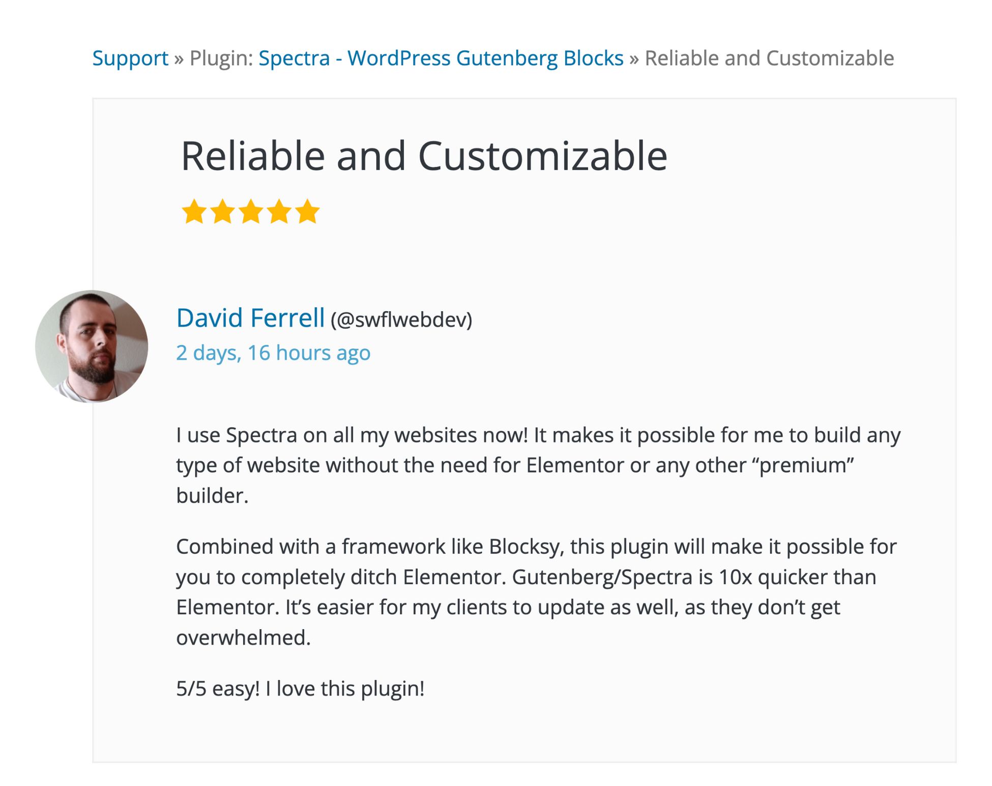 Divi vs Elementor: Which One is King of the Page Builders? spectra user review on wordpress.org about customization