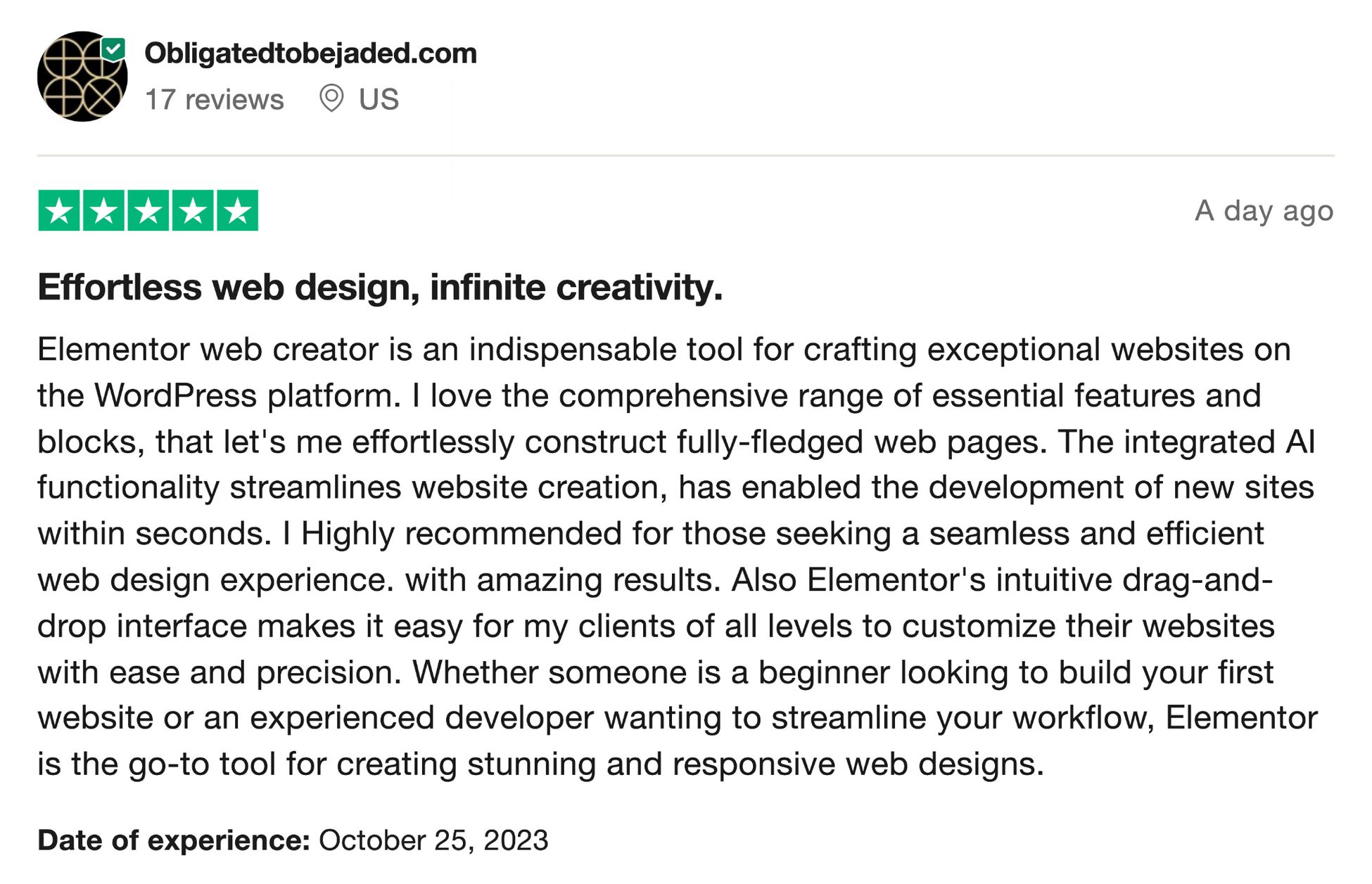 Divi vs Elementor: Which One is King of the Page Builders? user review about elementor on trustpilot