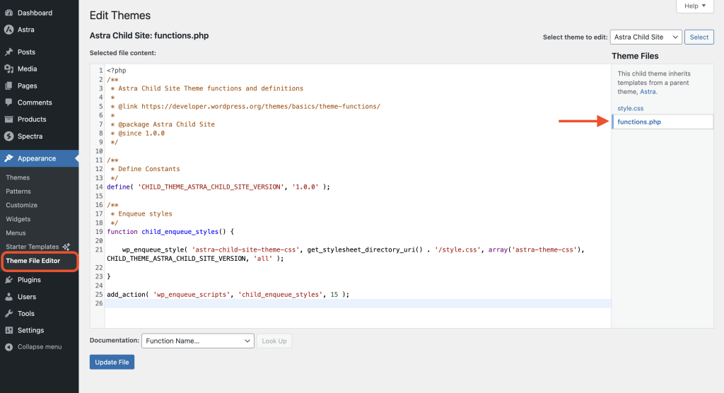 Display Submenu Just Below the Header access the functions.php file