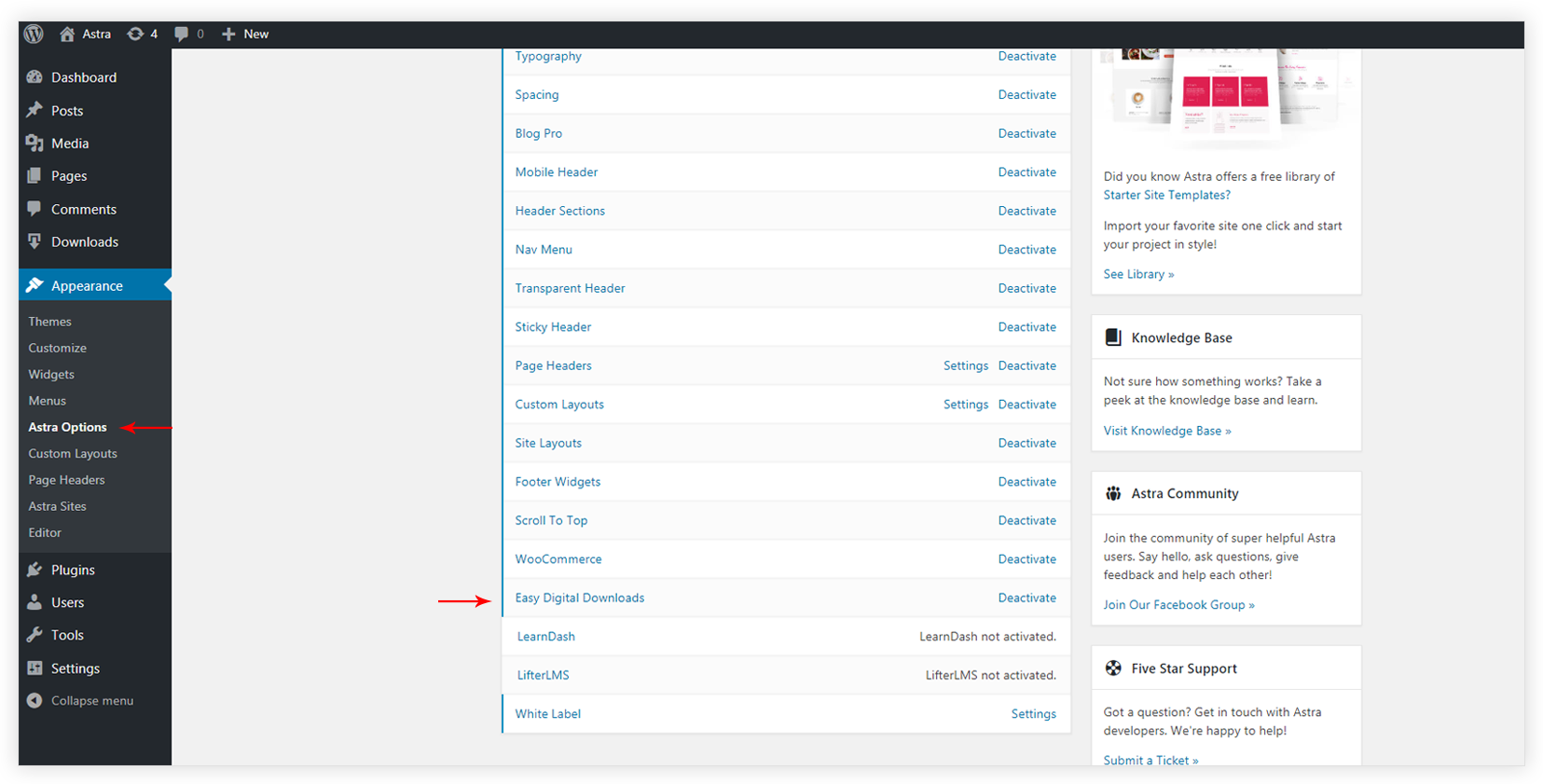 EDD - Easy Digital Downloads Module Overview Activate Astra EDD Addon