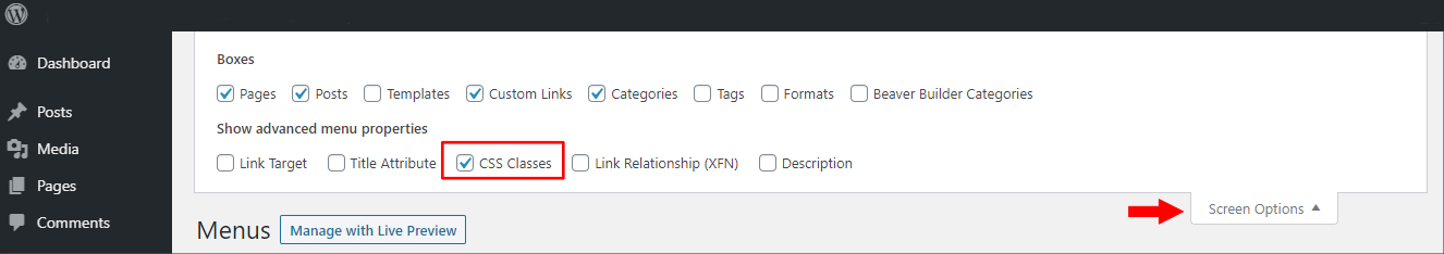 How to Change the Direction for Submenu Opening? Screen Options CSS Classes
