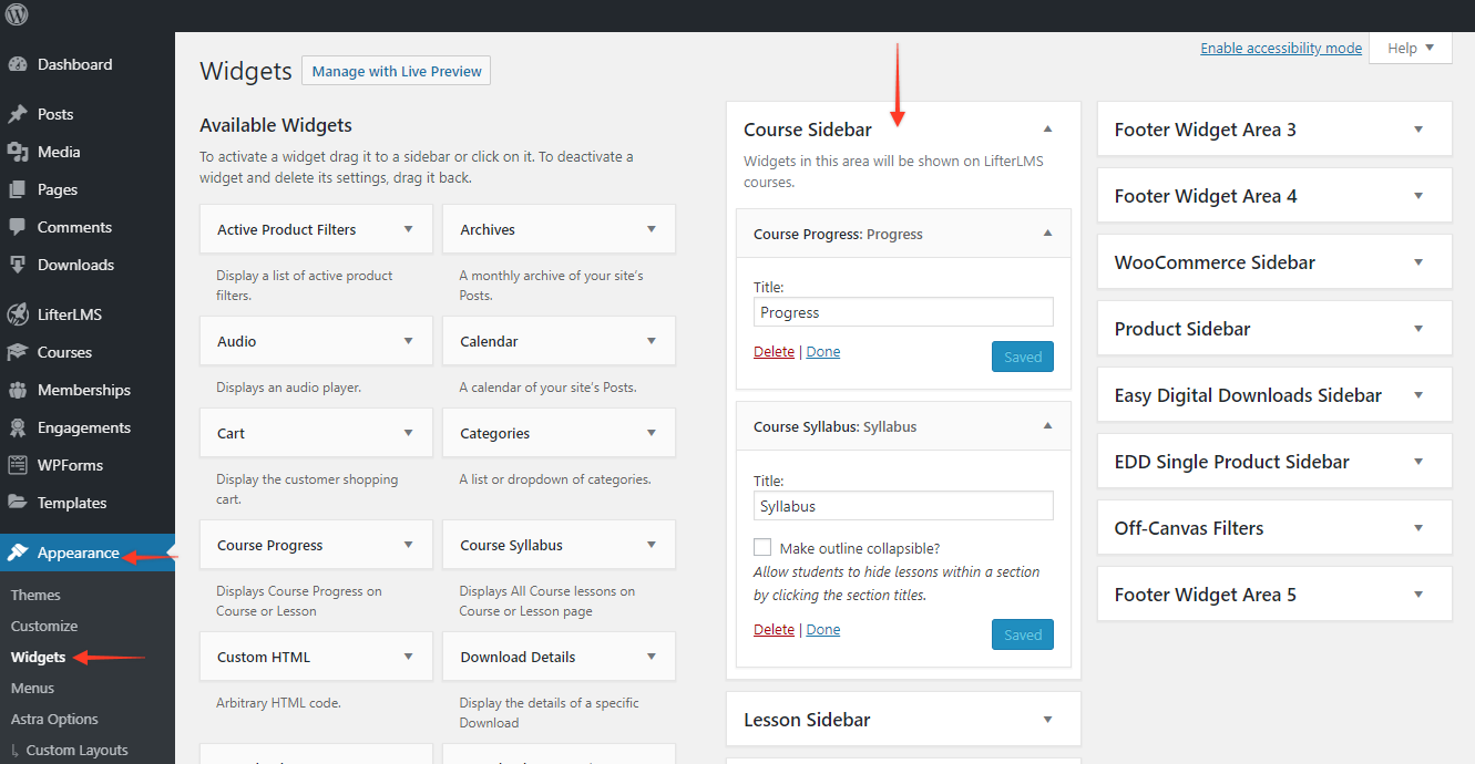 LifterLMS Integration in the Free Astra Theme Astra LMS Widgets Appearance