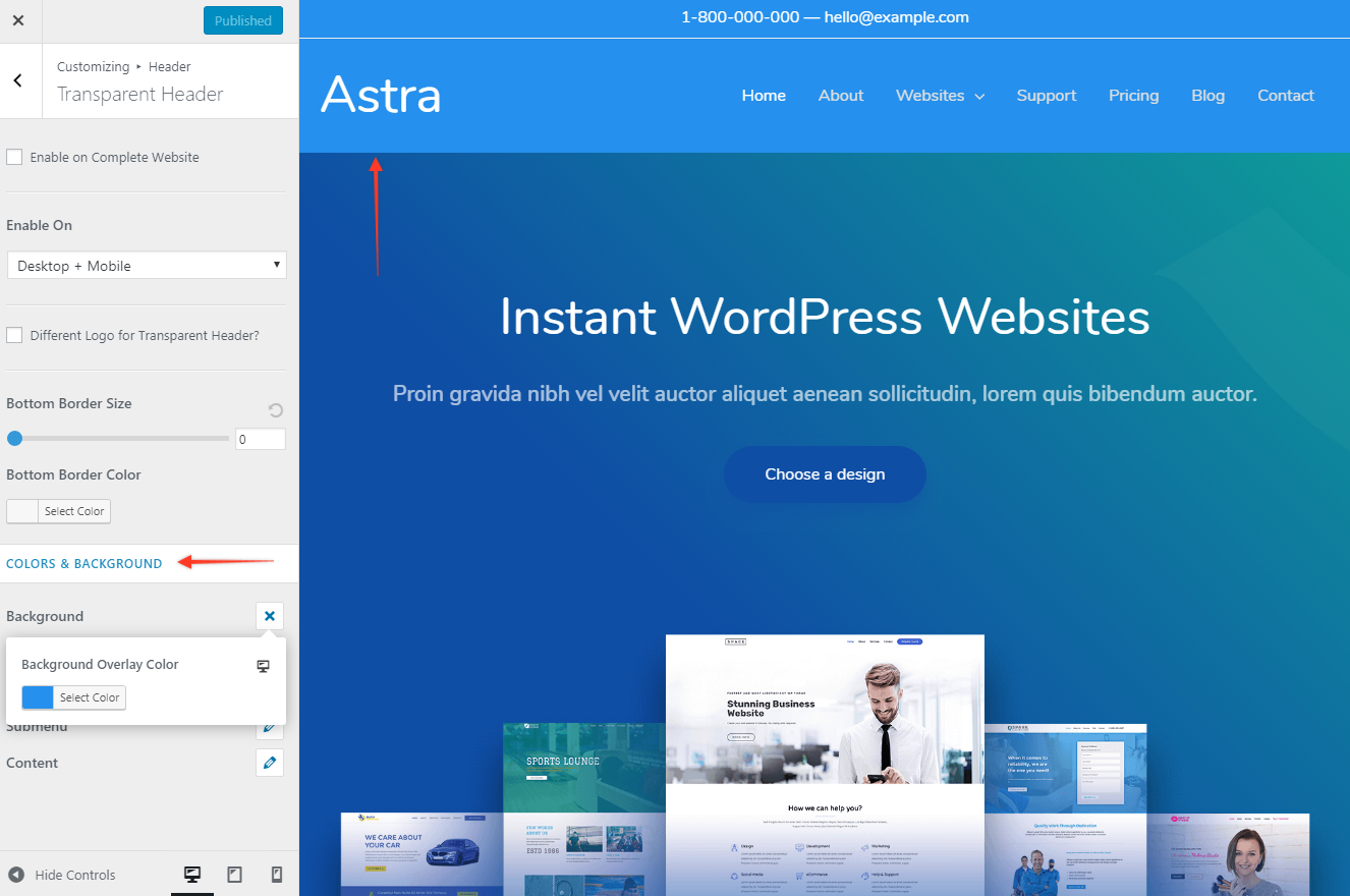 Colors & Background Options for Transparent Header (Old Astra Header) Astra Transparent Above Header Colors