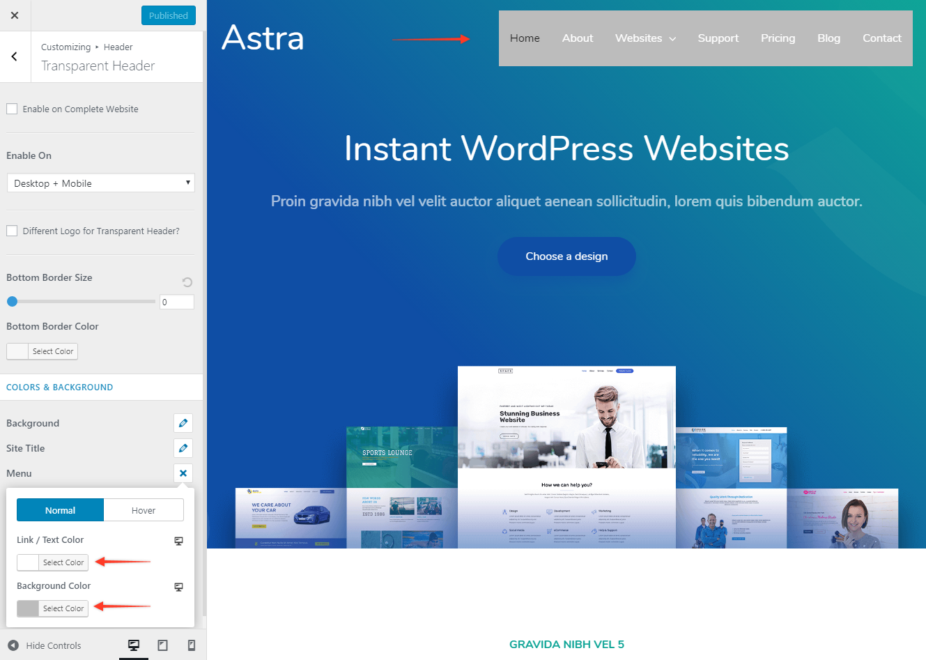 Colors & Background Options for Transparent Header (Old Astra Header) Astra Transparent Header Menu Colors