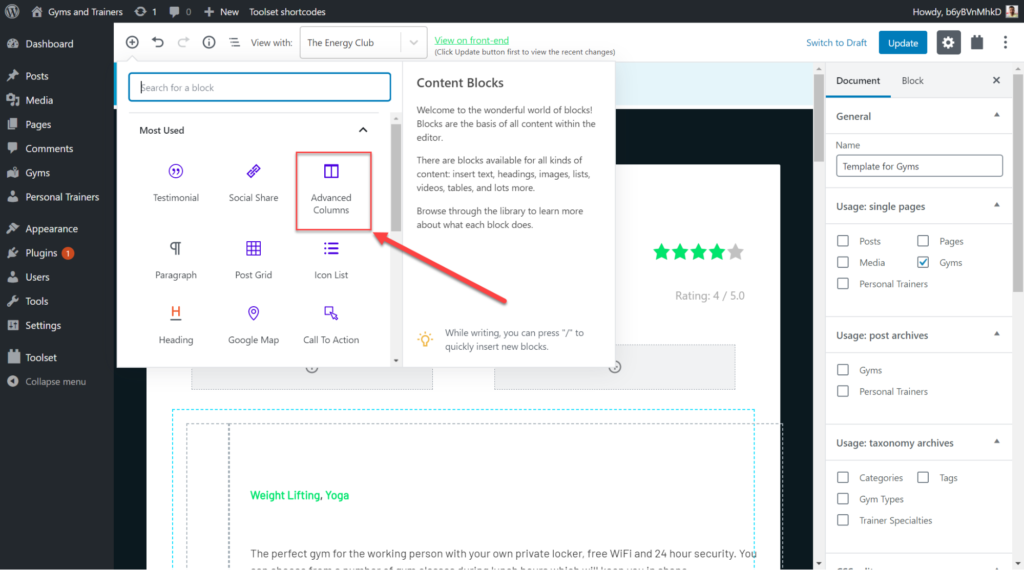 How To Create Dynamic Websites Using Toolset Blocks and Ultimate Addons Advanced column wordpress back end
