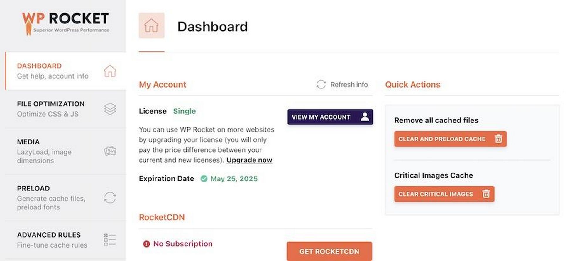 WP Rocket Review: Will It Really Skyrocket Website Performance? WP Rocket dashboard