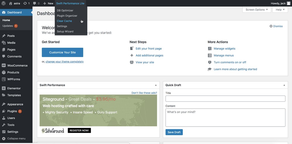 How To Clear the WordPress Cache: 5 Ways To Clear All Your Caches click clear cache for swift performance lite cache
