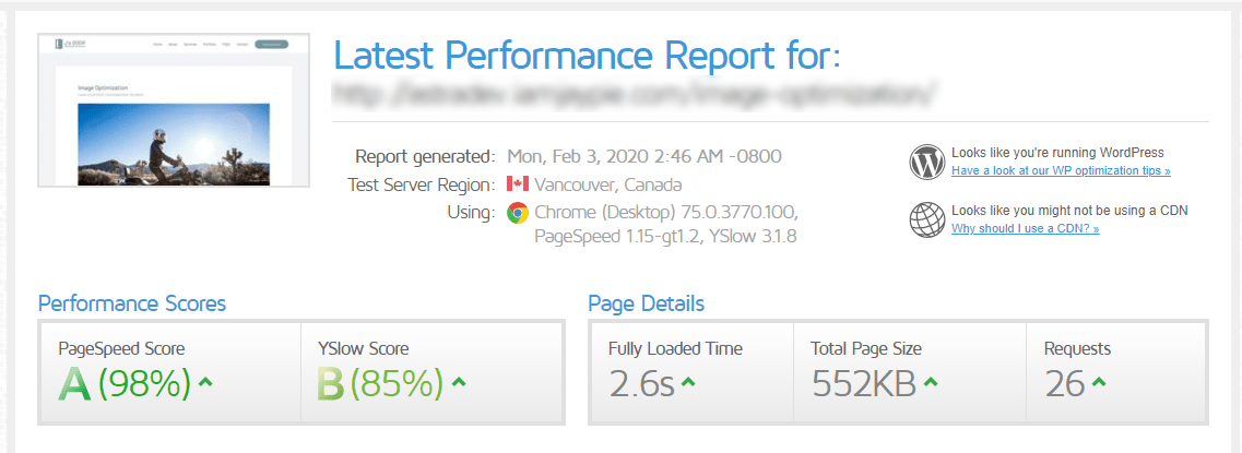 WordPress Performance Myths — Common Myths Analyzed and Busted! speedtest results after image optimization