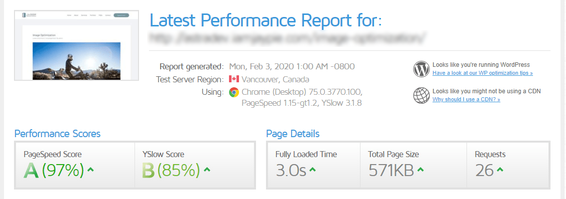 WordPress Performance Myths — Common Myths Analyzed and Busted! Initial speedtest before image optimization