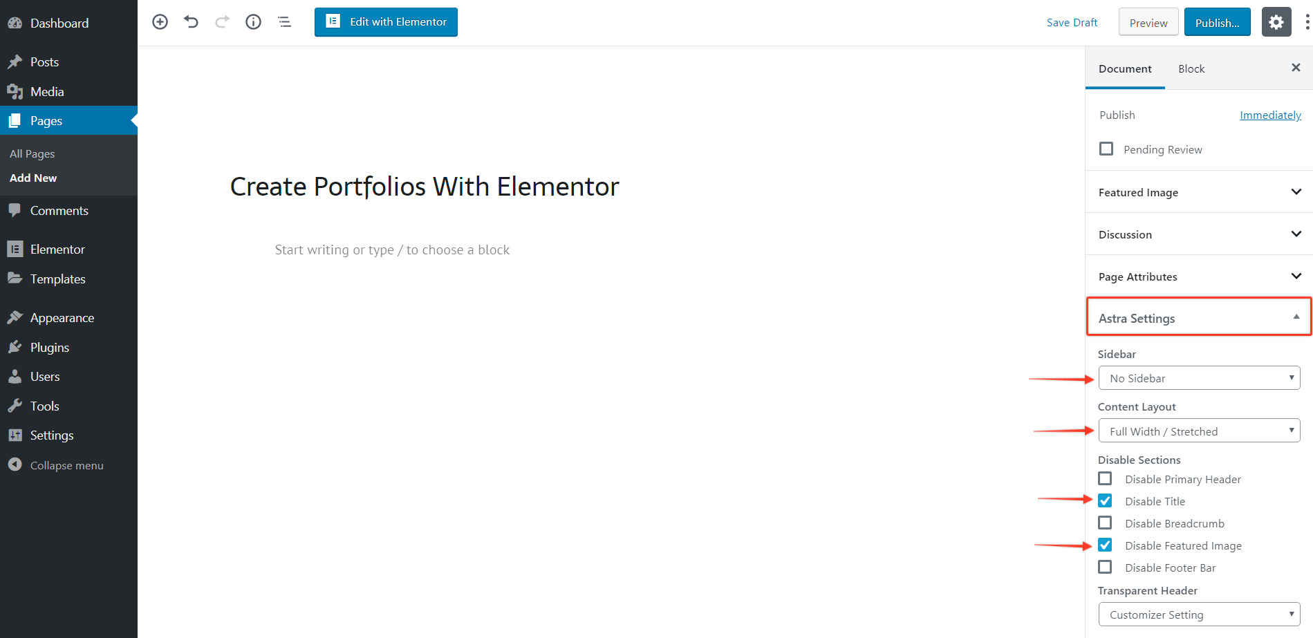How To Create a Portfolio With Elementor - Step by Step Guide Astra settings for Page Builder
