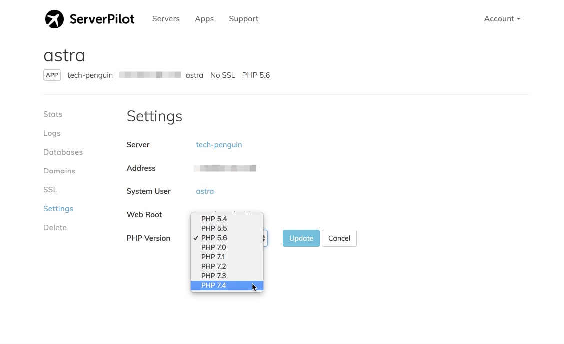 WordPress PHP Version: Recommended PHP Versions and Upgrade Guide selecting php version on serverpilot