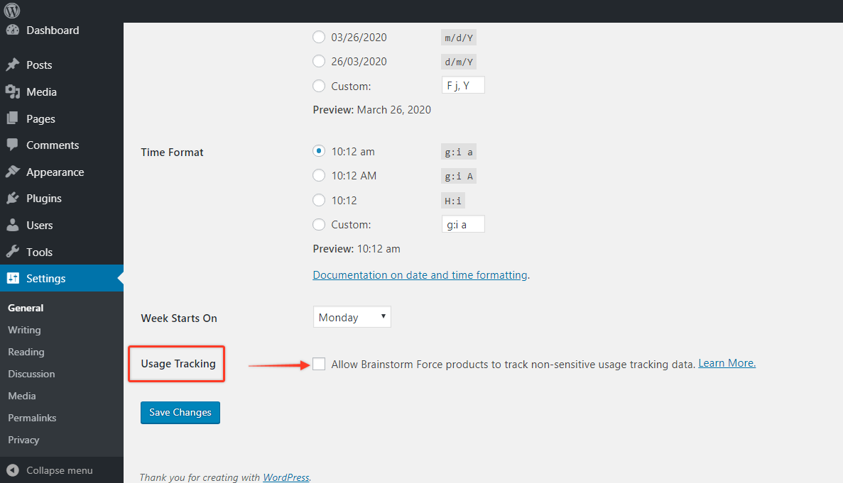 Usage Tracking BSF Analytics - General Settings