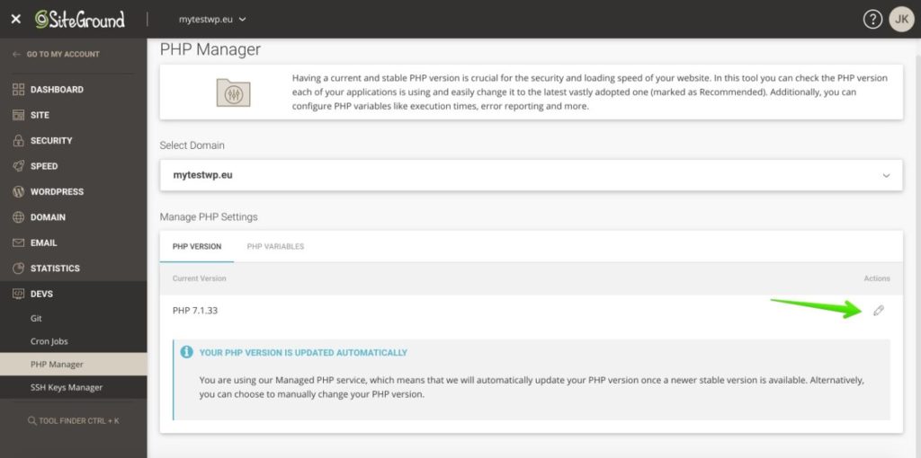 WordPress PHP Version: Recommended PHP Versions and Upgrade Guide Arrow pointing to the PHP manager on the SiteGround hosting dashboard