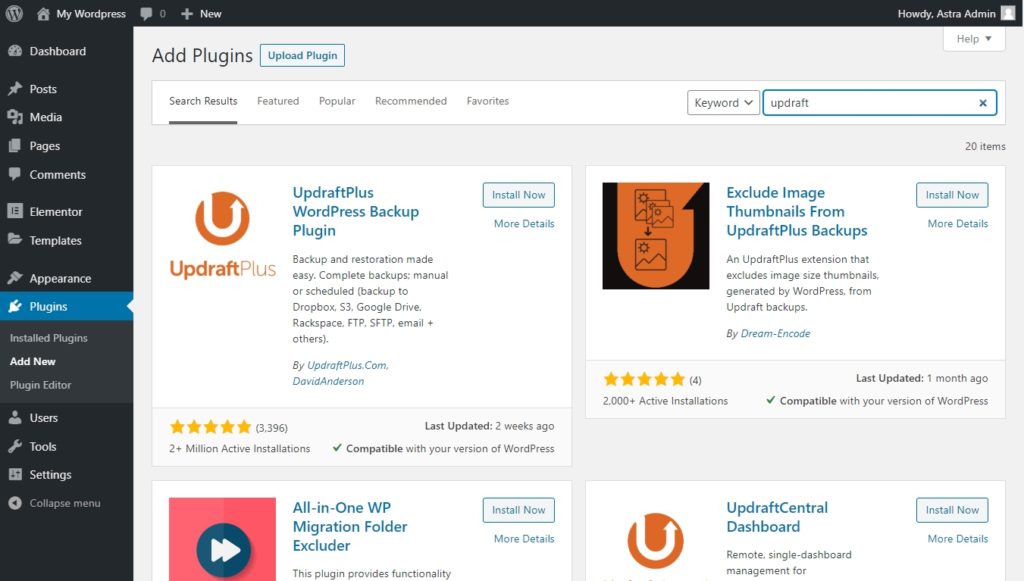 WordPress PHP Version: Recommended PHP Versions and Upgrade Guide Updraft Plus plugin search on the WordPress dashboard