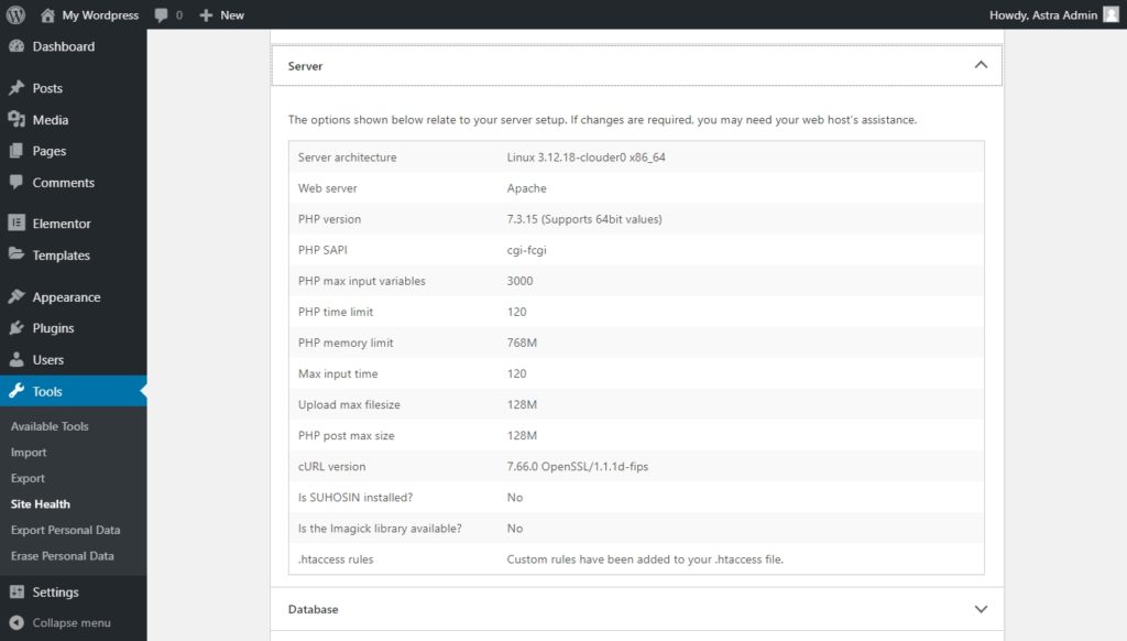 WordPress PHP Version: Recommended PHP Versions and Upgrade Guide Server information screen on the WordPress dashboard