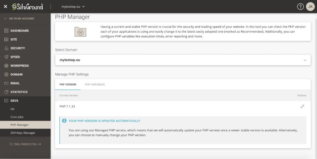 WordPress PHP Version: Recommended PHP Versions and Upgrade Guide SiteGround hosting PHP manager on the dev tools