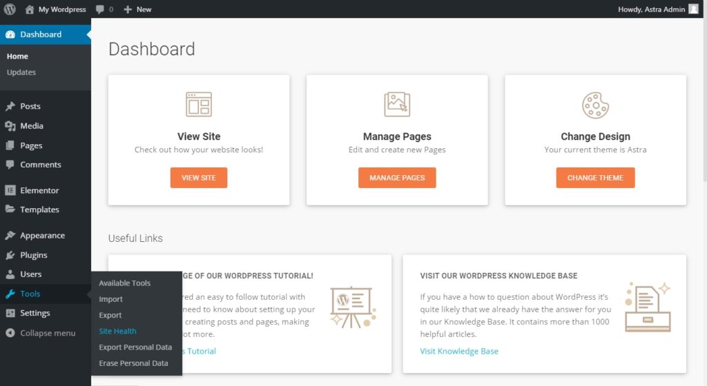 WordPress PHP Version: Recommended PHP Versions and Upgrade Guide Tools toolbar section on the WordPress dashboard