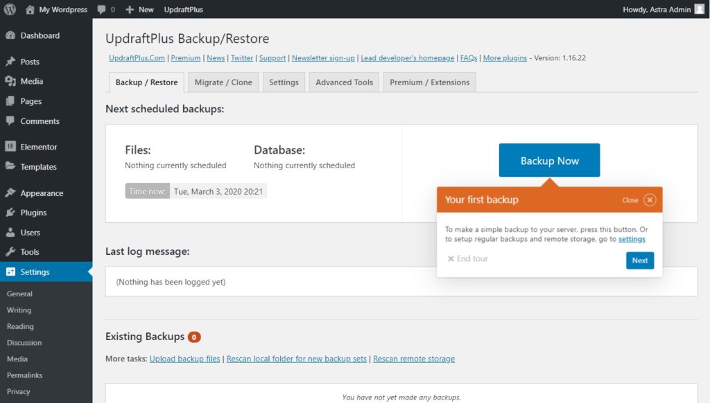 WordPress PHP Version: Recommended PHP Versions and Upgrade Guide Initiating the first backup on UpdraftPlus