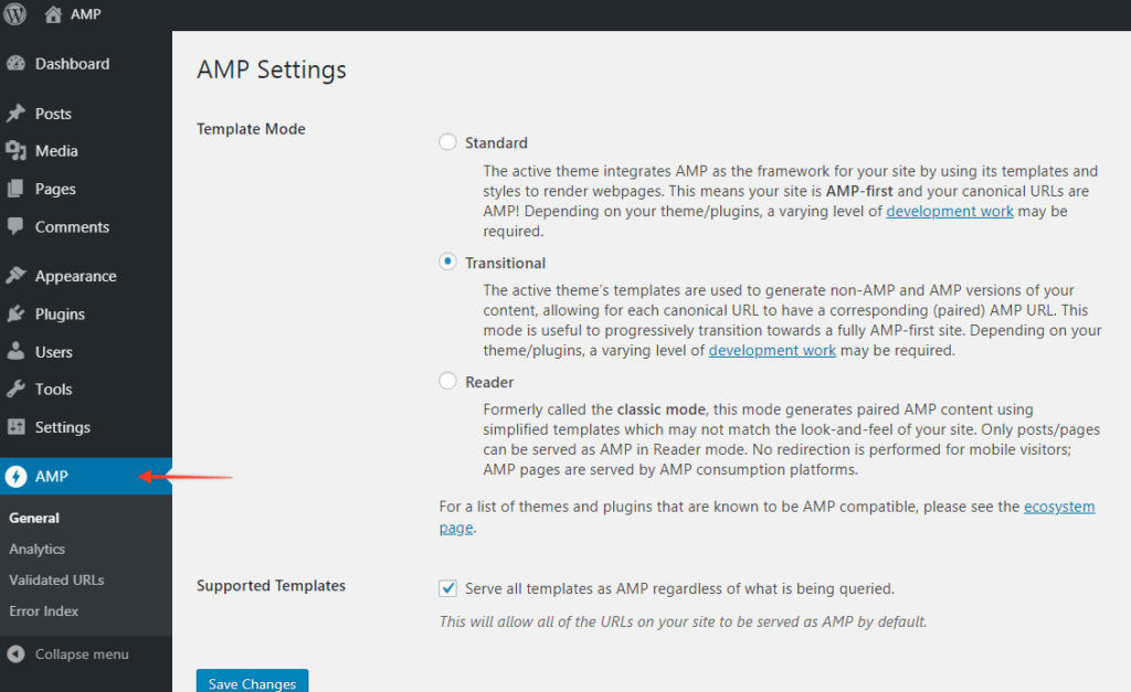 WordPress AMP: How To Set Up Google AMP + 4 Best Plugins AMP settings on WordPress dashboard