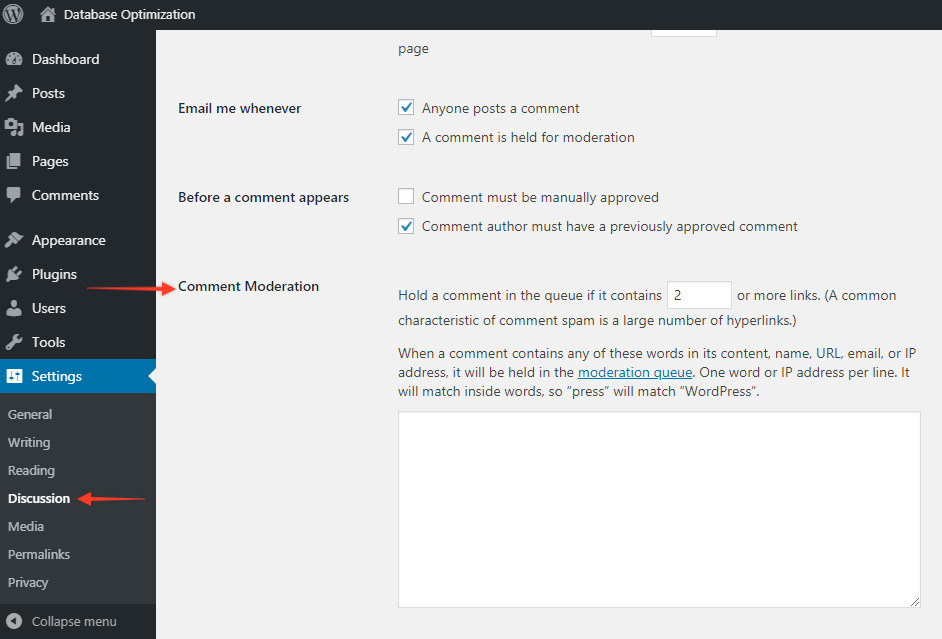 WordPress Database Optimization: Step by Step Guide for Beginners Comment Moderation Screenshot
