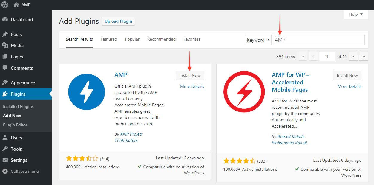 WordPress AMP: How To Set Up Google AMP + 4 Best Plugins AMP plugin for WP Install page on the WordPress Dashboard