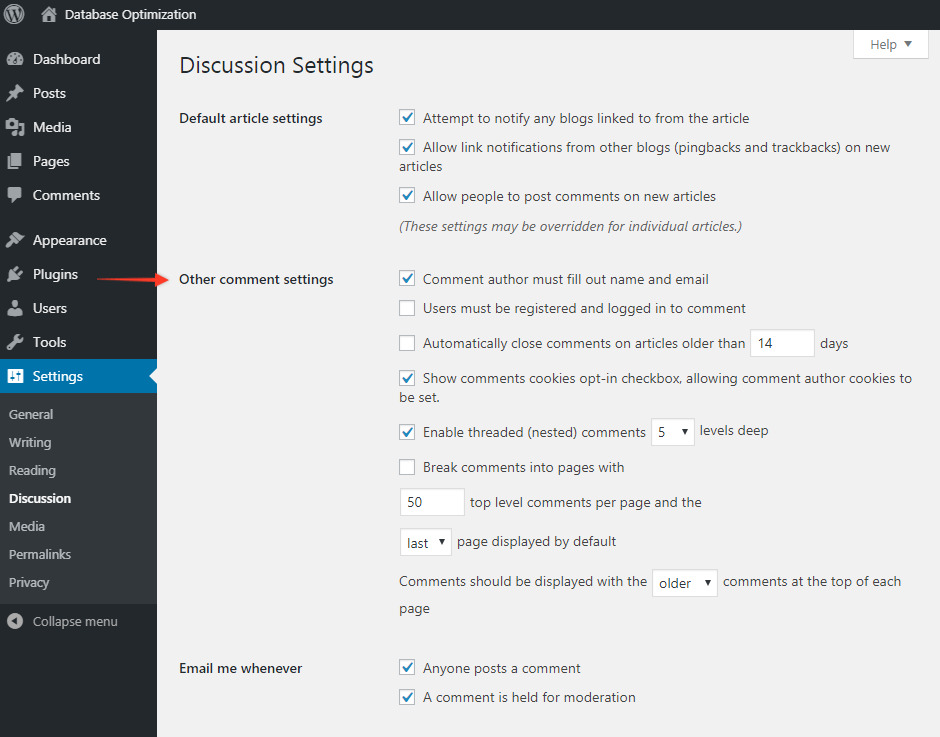 WordPress Database Optimization: Step by Step Guide for Beginners Other Settings Screenshot
