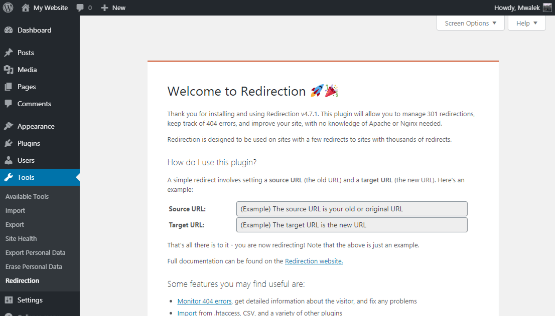 WordPress 301 Redirect: How To Create, Remove and Manage Redirects in WordPress Redirection plugin welcome screen