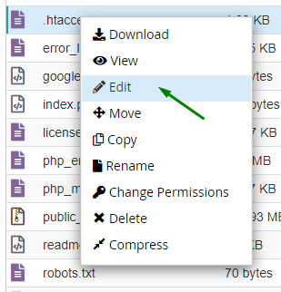 How To Add Expires Headers to WordPress: Manual + Plugin Methods Arrow showing the context menu of the htaccess with edit option