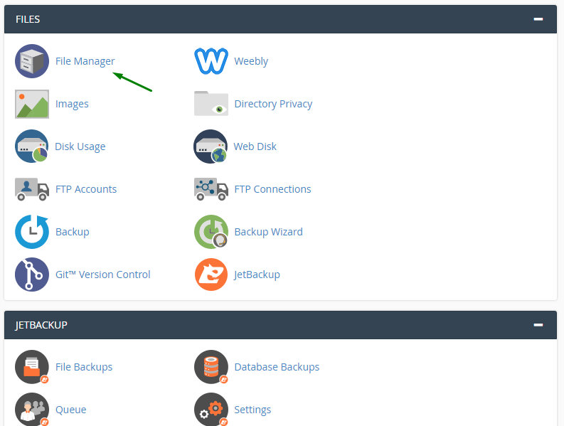 How To Add Expires Headers to WordPress: Manual + Plugin Methods Arrow showing the File Manager on the hosting's cPanel