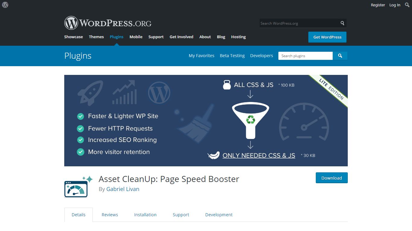 How To Eliminate Render Blocking CSS in WordPress Asset Cleanup plugin download page from WordPress.org