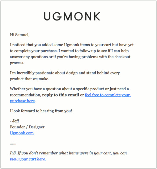 Abandoned Cart Recovery: 4 Proven Ways to Recover Abandoned Carts Personalized email from Ugmonk
