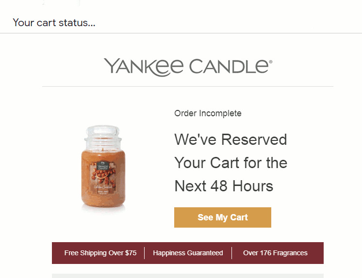 Abandoned Cart Recovery: 4 Proven Ways to Recover Abandoned Carts Scarcity mail from Yankee candle