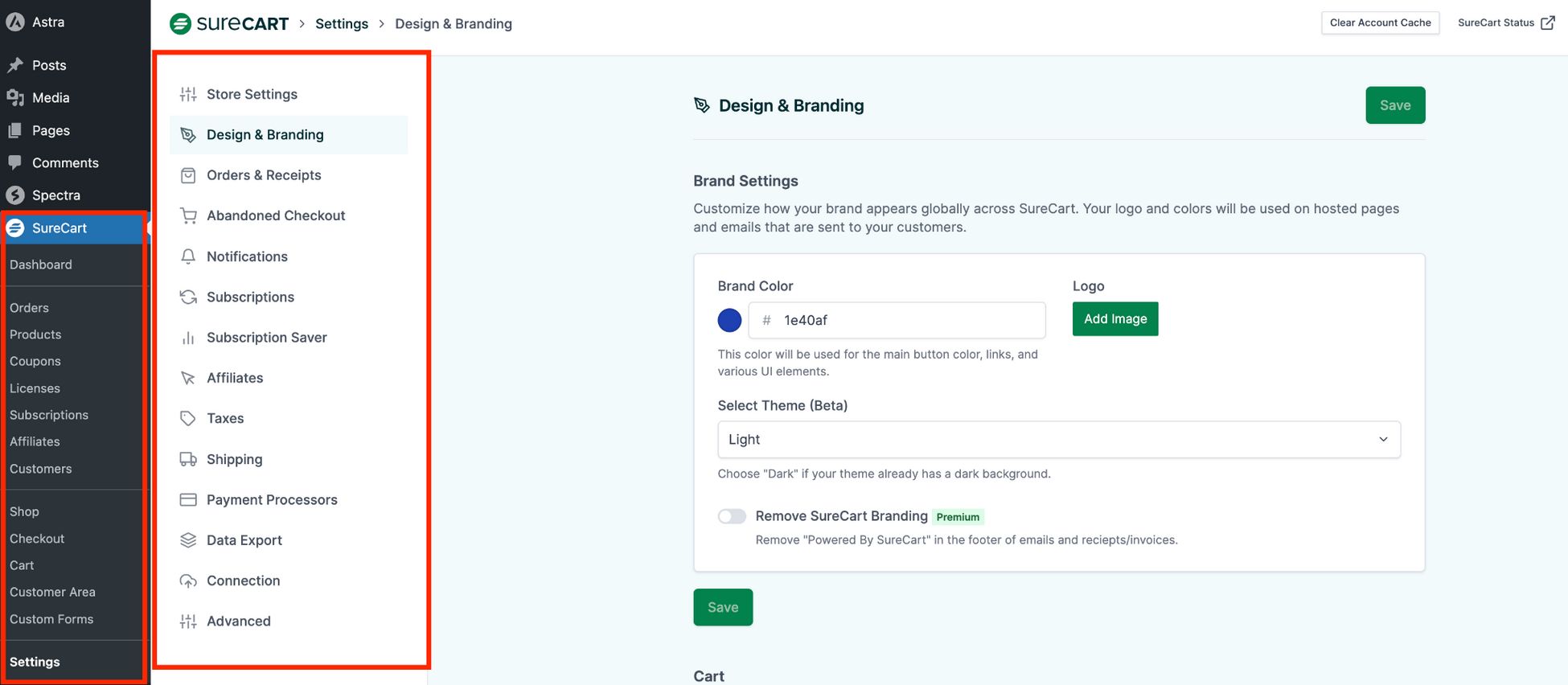 The Ultimate Shopify vs WooCommerce Showdown: Which Should You Choose? surecart settings area in wpadmin