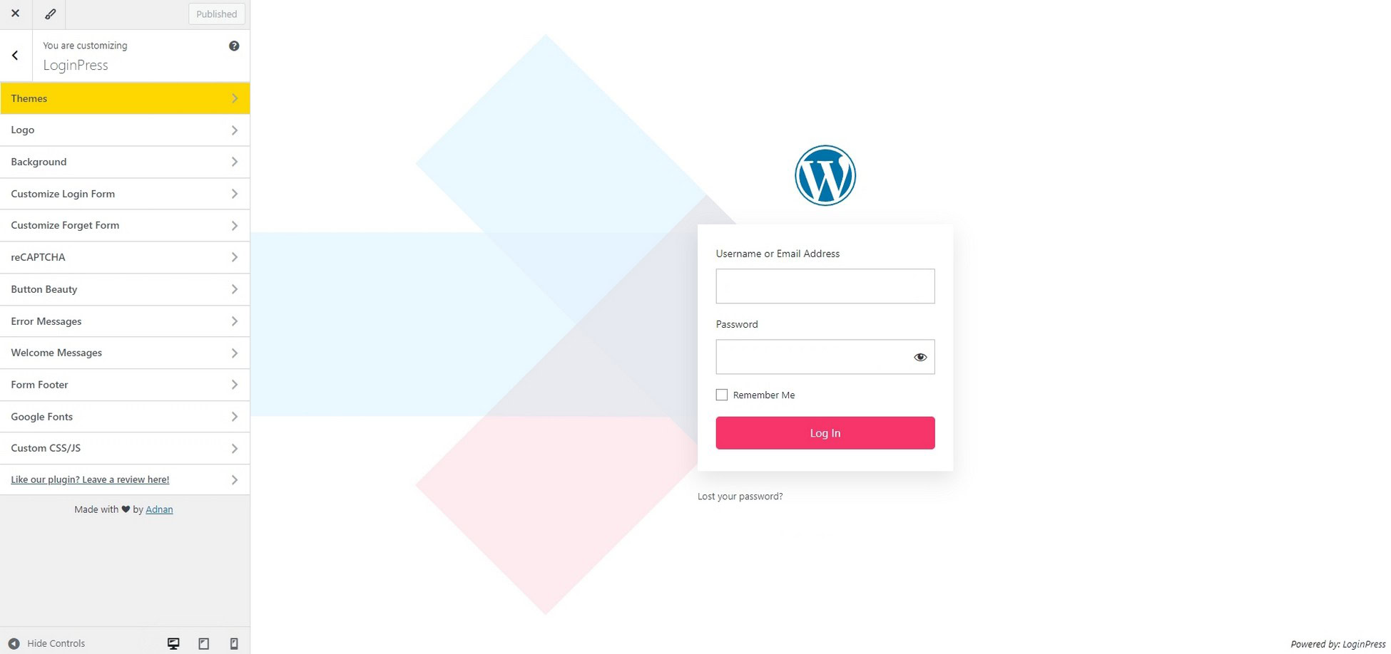 Secret Security Hack: Customize Your WordPress Login URL WordPress customizer window open with your current login page